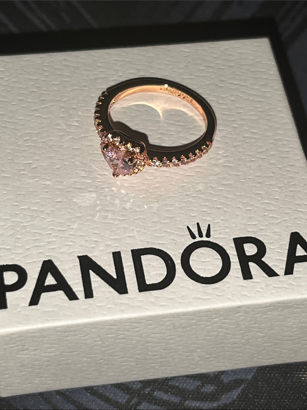 Pandora Rose Gold Ring with Pink Heart Stone and Pavé Band Size 6